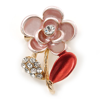 Coral/ Pink Enamel, Crystal Floral Pin Brooch In Gold Tone - 25mm L