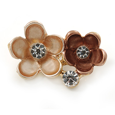 Small Magnolia/ Bronze Two Daisy Crystal Floral Brooch - 25mm L - main view