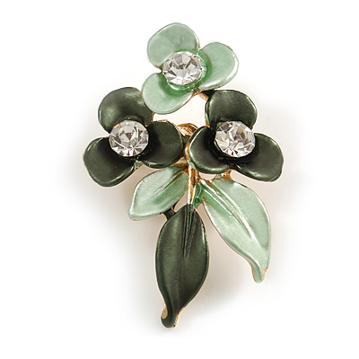 Dark Green/ Mint Triple Flower Crystal Floral Brooch In Gold Tone Metal - 30mm L