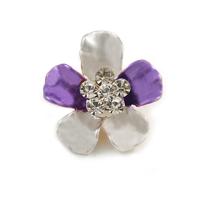 Purple/ Lavender Enamel Clear Crystal Flower Brooch In Gold Tone - 20mm