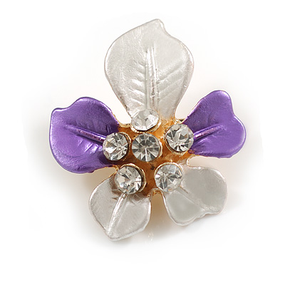 Small Crystal Purple/Silver Enamel Daisy Pin Brooch In Gold Tone - 27mm Tall - main view