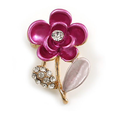 Small Crystal Fuchsia/Pink Enamel Floral Pin Brooch In Gold Tone - 27mm Tall