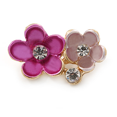 Small Fuchsia/ Pink Two Daisy Crystal Floral Brooch - 25mm L