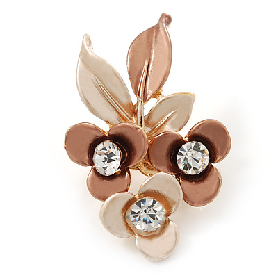Bronze/ Magnolia Triple Flower Crystal Floral Brooch In Gold Tone Metal - 30mm L