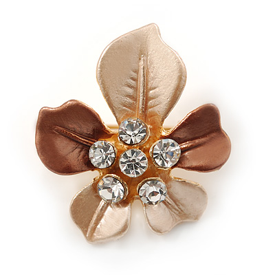 Magnolia/ Bronze Enamel, Crystal Daisy Pin Brooch In Gold Tone - 30mm