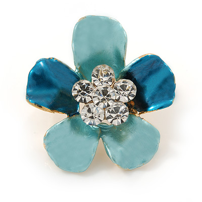 Blue Enamel Clear Crystal Flower Brooch In Gold Tone - 20mm