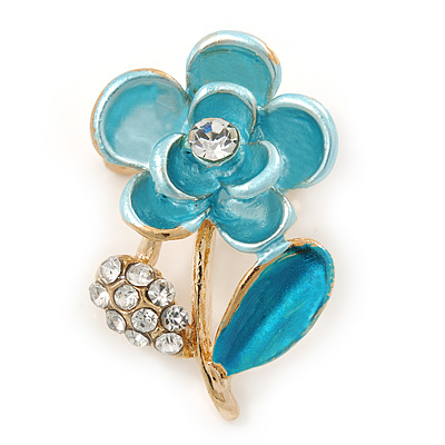Light Blue Enamel, Crystal Floral Pin Brooch In Gold Tone - 25mm L