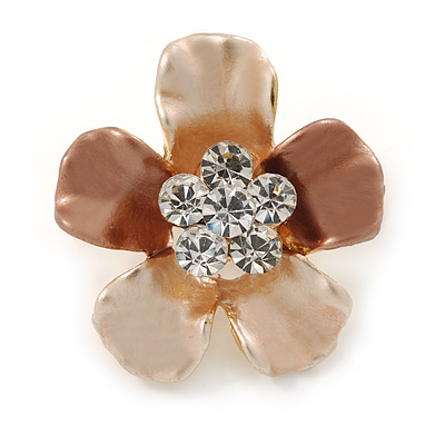 Bronze/ Magnolia Enamel Clear Crystal Flower Brooch In Gold Tone - 20mm