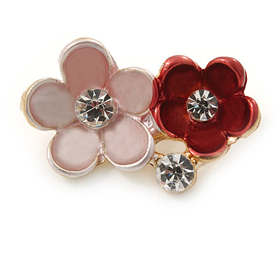 Small Coral/ Pink Two Daisy Crystal Floral Brooch - 25mm L