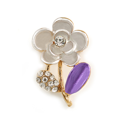 Purple Enamel, Crystal Floral Pin Brooch In Gold Tone - 25mm L