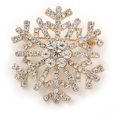 Gold Plated Crystal Snowflake Brooch - 40mm L