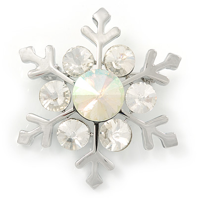 Silver Tone Crystal Snowflake Brooch - 37mm L