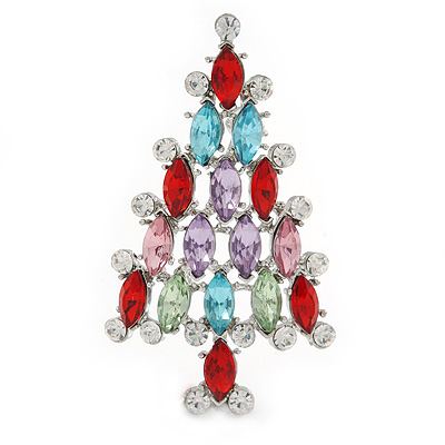Multicoloured Crystal Christmas Tree Brooch In Rhodium Plating - 65mm L