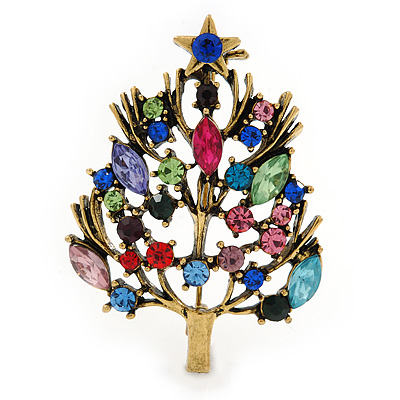 Multicoloured Crystal Christmas Tree Brooch In Gold Plating - 48mm L - main view