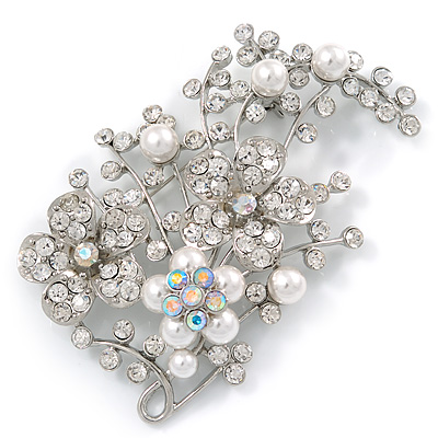Oversized Bridal White Simulated Pearl & Clear Crystal Floral Brooch In Silver Plating - 90mm L