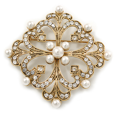 Victorian Style Glass Pearl, Clear Crystal Filigree Square Brooch In Gold Tone - 63mm L