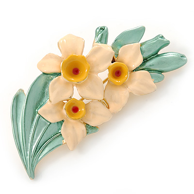 Cream/ Yellow/ Light Green Daffodil Floral Brooch In Gold Plating - 50mm L