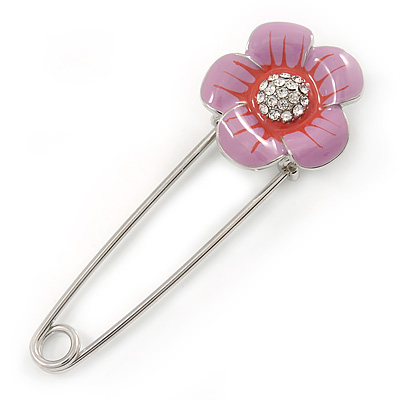Pink Enamel Crystal Daisy Flower Safety Pink In Rhodium Plating - 70mm L - main view