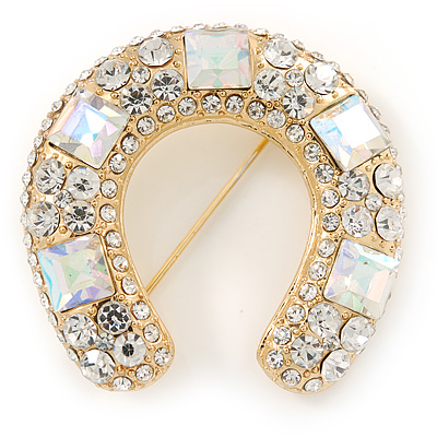 Clear And AB Crystal Horseshoe Brooch In Gold Plating - 35mm - main view