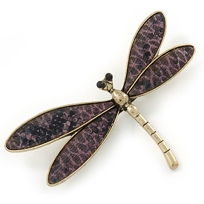 Gold Tone Purple Snake Style Faux Leather Dragonfly Brooch - 70mm W