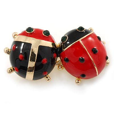 Black/ Red Enamel Double Ladybug Brooch In Gold Plating - 35mm - main view