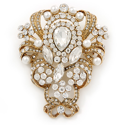 Vintage Inspired Bridal/ Wedding Clear Austrian Crystal, White Glass Pearl Corsage Brooch In Gold Tone - 65mm L - main view