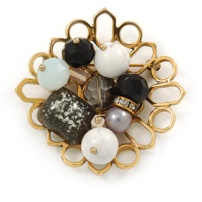 Black, Grey, White Glass, Resin Bead Floral Handmade Brooch In Gold Tone - 45mm L