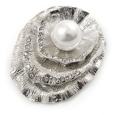 Layered Crystal 'Shell' with Pearl Brooch In Silver Tone Metal - 45mm L - main view