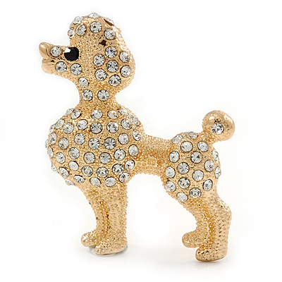 Gold Plated Clear Crystal Poodle Dog Brooch - 40mm Width
