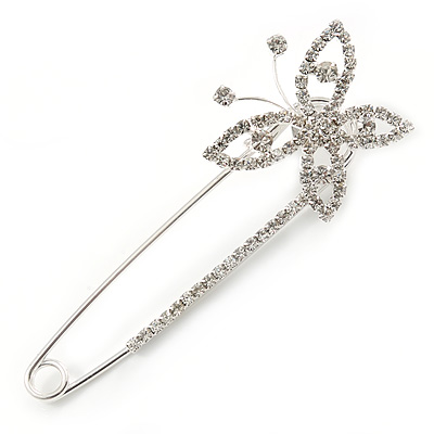 Rhodium Plated Crystal Butterfly Safety Pin Brooch - 85mm L - main view