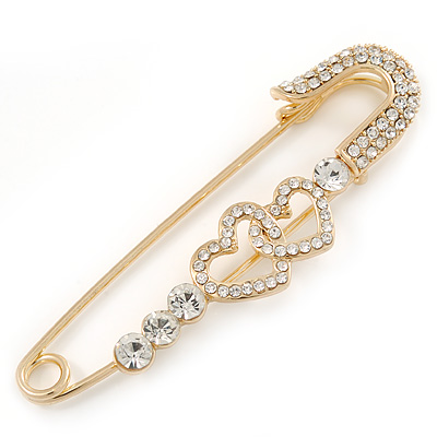 Gold Plated, Clear Crystal Double Heart Safety Pin Brooch - 78mm L
