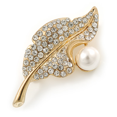 Classic Crystal, Pearl Leaf Brooch In Gold Plating - 50mm L - main view