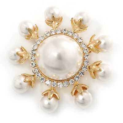 Gold Plated White Glass Pearl, Crystal Sunflower Brooch - 45mm Across