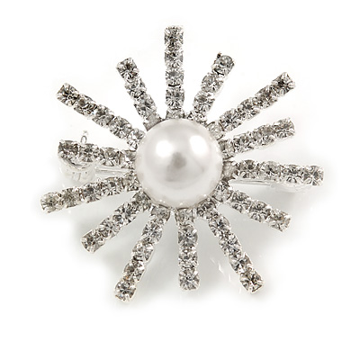 Small Clear Crystal, White Glass Pearl Snowflake Brooch In Rhodium Plating - 28mm D - main view