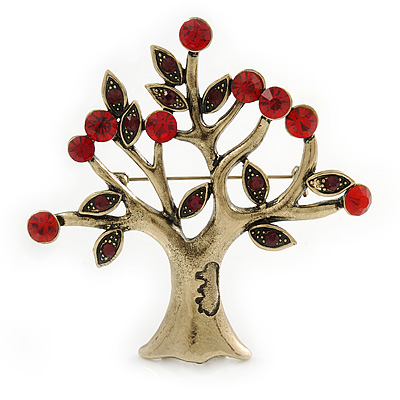 Vintage Inspired Siam Red Crystal Tree Brooch In Antique Gold Tone Metal  - 75mm L