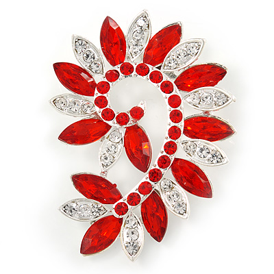 Large Siam Red/ Clear Corsage Brooch In Silver Tone Metal - 65mm L - main view