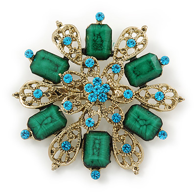 Vintage Inspired Teal Green Acrylic Bead, Light Blue Crystal Filigree Flower Brooch In Gold Tone - 60mm D