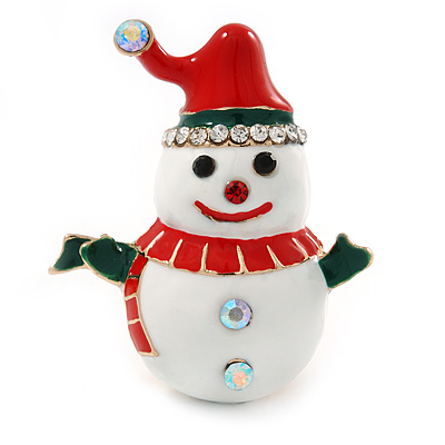 Christmas White/ Red/ Green Enamel, Crystal 'Snowman' Brooch In Silver Tone Metal - 43mm L - main view