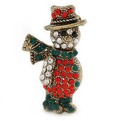 Vintage Inspired Christmas Crystal 'Snowman' Brooch In Antique Gold Tone Metal - 35mm L