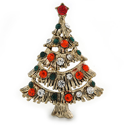 Vintage Inspired Red/ Green/ Clear Crystal Christmas Tree Brooch In Antique Gold Tone Metal - 43mm L