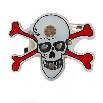 Flashing LED Blue and Red Lights Halloween Skull and Crossbones Brooch