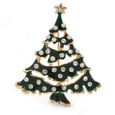 Holly Jolly Clear Crystal Dark Green Enamel Christmas Tree Brooch In Gold Plating - 55mm L