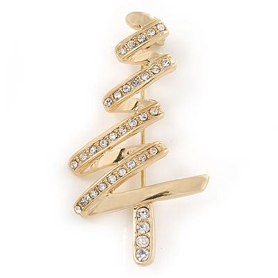 Gold Plated Clear Crystal Christmas Tree Brooch - 50mm L