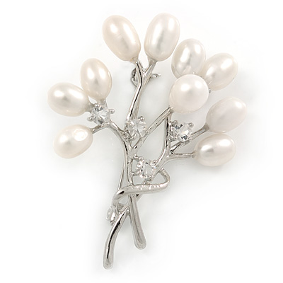 White Freshwater Pearl, Clear CZ Floral Brooch In Rhodium Plated Metal - 47mm L