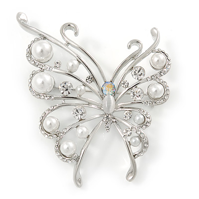 Rhodium Plated Glass Pearl, Clear Crystal Asymmetrical Butterfly Brooch - 60mm Across