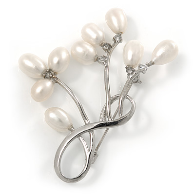 Cream Coloured Freshwater Pearl Floral Brooch In Rhodium Plated Metal - 55mm L