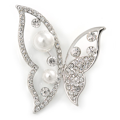 Rhodium Plated Glass Pearl, Clear Crystal Asymmetrical Butterfly Brooch - 50mm Across - main view