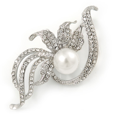 Delicate Clear Austrian Crystal, White Glass Pearl Leaf Brooch In Rhodium Plated Metal - 50mm L