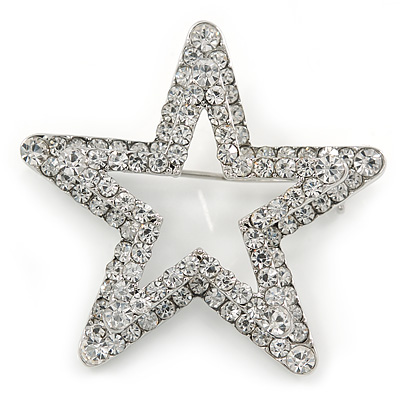 Silver Plated Clear Austrian Crystal Open Layered Star Brooch - 40mm Across