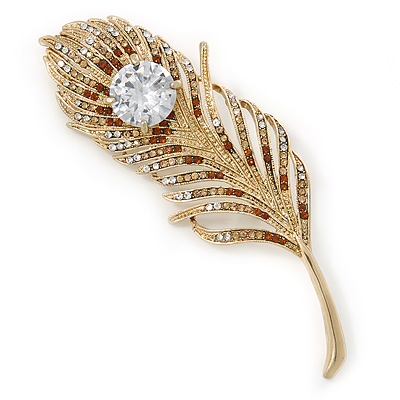 Large Austrian Crystal Peacock Feather Brooch In Gold Plating (Clear/ Amber/ Citrine) - 11cm Length